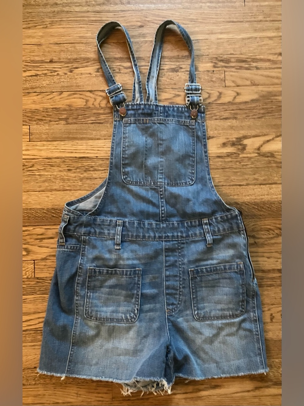 Madewell Denim Shortalls Medium Wash Side Zipper Raw Hem S